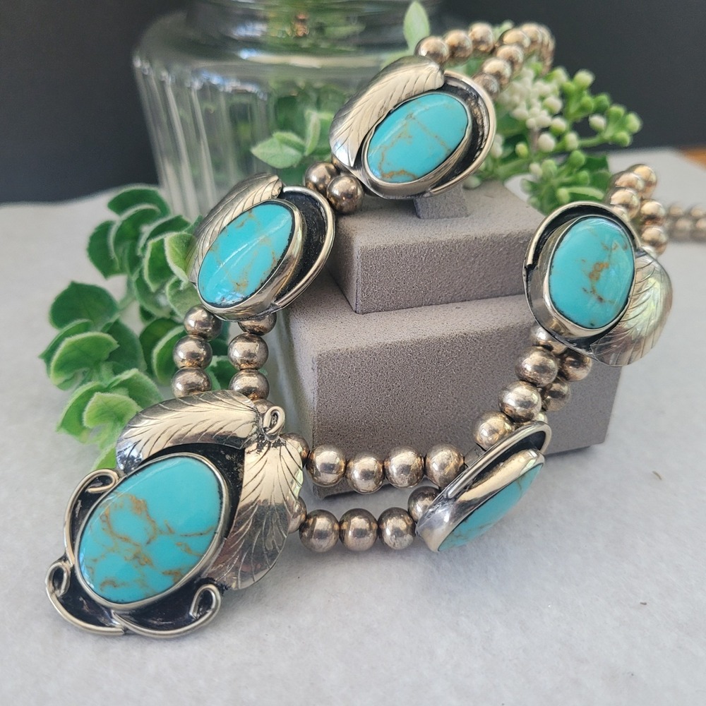 Mexico 925 Sterling Silver Turquoise Cabochon Leaf Necklace 22 Inch